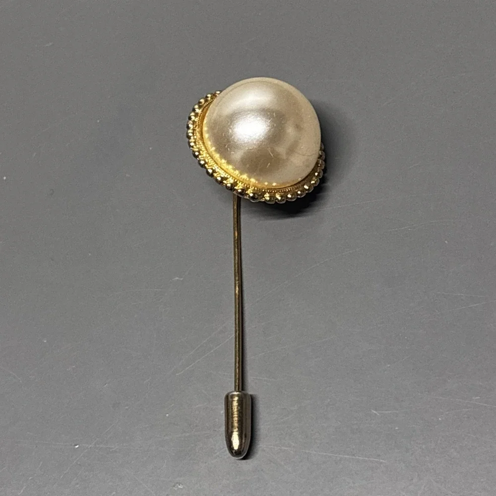 Gold Tone Faux Pearl Dome Stick Lapel Hat Pin Brooch Beaded‎ Costume Jewelry